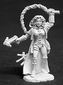 A female human undead hunter. She is wearing a close fitting tunic, trousers and knee high boots. In one hand she holds a one handed crossbow. The other arm is raised over her head and holds a long curling whip.