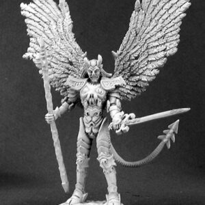 A very tall humaniod devil complete with head horns and a long barbed tail. He wears ornate armour with wide shoulder pauldrons. His feet are a pair of cloven hooves. A pair of outspread feathered wings sprout from his back. In one hand he holds an upright three pointed pitchfork. The other holds a long sword, pointing away from him.