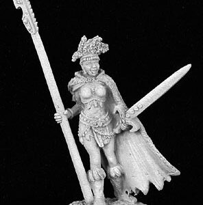 A female human warrior in the style of an African tribal warrior. She wears a long cloak, crop top and ornate loincloths around her waist. Her boots are knee high and trimmed with thick fur at the top. In one hand she holds a tall, upright spear. The other holds a diagonally upward pointing sword.