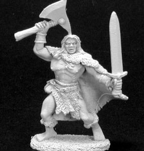 A muscular male human barbarian brandishing two weapons. He is powerfully built, bare chested but wears a mid length loin cloth and calf height boots. A three quarter length cloak billows out to one side of his back. One hand is raised above his head and holds a large single bladed axe. His other hand holds an upright broadsword.