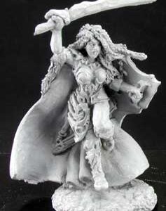 A young female human warrior running forward. She is wearing pieces of elaborately decorated armour over her chest, torso and one thigh. She is also wearing trousers and knee high leather boots. A large full cloak is billowing out behind her. She holds a sword above her head and an ornately patterned shield by her side.