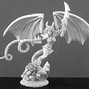 A winged succubus demon leaping upwards from a pile of skulls. Her great leathery wings stretch out from either side of her back. She is wearing thigh high boots and a bikini. Pointed pauldrons adorn her shoulders and her arms have spiked forearm cuffs. Her head horns are large and curve gently backwards. One hand holds a long twisting whip. The other is above her head holding a vicious looking sword.