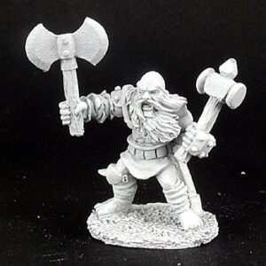 A beared male dwarf fighter standing defiantly. He is wearing partial armour including a spiked knee protector and an armoured hand guard. Tunic, trousers and calf high boots can also be seen. On one hand he brandishes a double bladed battleaxe. In the other a spike topped warhammer.