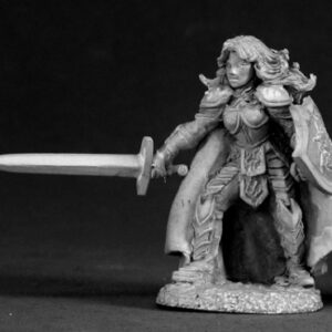 A female human fighter advancing. She is wearing a suit of ornate full plate armour. Her back is covered by a full length flowing cloak. Her hair is long and wavy, resting on the back of the cloak. In one hand she holds a sword in an 'on guard' pose. Her other hand is holding a heater shaped shield with a horse rampant motiff on the front.