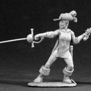 A female human musketeer in an attacking stance. She is dressed in a close fitting uniform of shirt, trousers, calf height boots and a wide brimmed hat with a bushy feather in it. She has a rapier sword on one hand in an 'on guard' pose. Her other hand holds a single shot pistol.