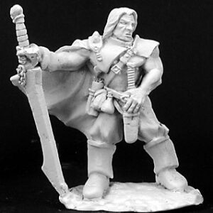 A powerfully built male human fighter. He is bare chested but has a pair of pauldrons on his shoulders. He is also wearing trousers and thick knee height boots. On the front of his belt is a sheathed dagger. One of his hands rests on the hilt of this weapon. His other arm is outstretched and rests on the hilt of a large downward pointing sword. The point of this weapon touches the ground. A short cape covers his back and billows in the wind.