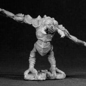 A bipedial creature standing upright. It's legs are back jointed at the knee, and it's feet end in a pair of two toed claws. It's body consists of a ridged carapace of overlapping plates. Its outstretched arms are very long and appear powerful. Each ends in a powerful hooked claw.