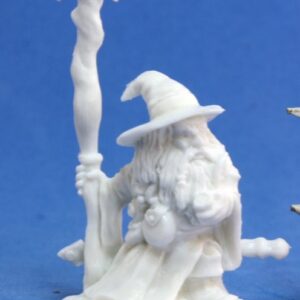 Male dwarf wizard with staff and sword. Plastic, unpainted RPG gaming miniature.