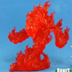 A large fire elemental of crackling flame. Unpainted orange coloured plastic RPG gaming miniature.