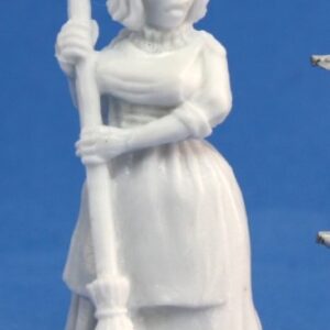A female human grandmother NPC holding a broom. Unpainted plastic RPG gaming Miniature.