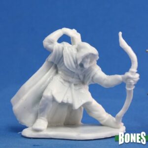 A male human ranger holding a bow and drawing an arrow with his other hand. Unpainted plastic RPG gaming miniature.