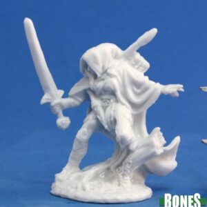 A female elf ranger with one foot on a log, and one hand holding a sword. Unpainted plastic RPG gaming miniature.