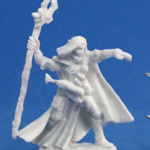 A male elf wizard holding a staff with one hand, and pointing with the other. Unpainted plastic RPG gaming miniature.
