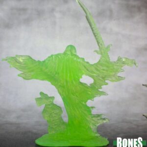 A ragged ghostly form holding a sword, rising from the ground beside a broken gravestone. Unpainted plastic RPG gaming miniature.