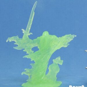 A ragged ghostly form holding a sword, rising from the ground beside a broken gravestone. Unpainted plastic RPG gaming miniature.