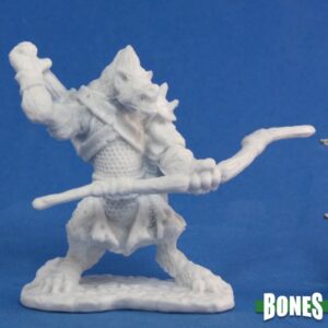 A gnoll archer holding a bow and reaching for an arrow from his back mounted quiver. Unpainted plastic RPG gaming miniature.