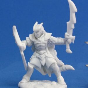 A male hellborn paladin holding a sword and shield. Unpainted plastic RPG tabletop gaming miniature.