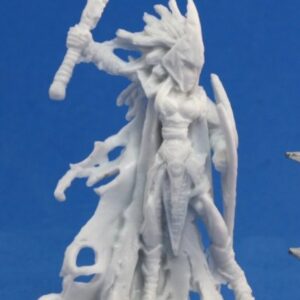 A female dark elf cleric holding a raised mace with one hand, and a shield in the other. Unpainted plastic RPG tabletop gaming miniature.