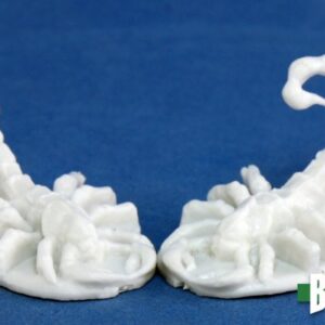A large scorpion with its rear stinger raised. Unpainted plastic RPG tabletop gaming miniature.