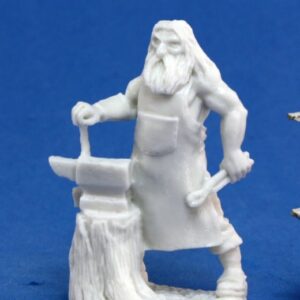 A male human blacksmith with a heavy beard, standing next to an anvil on a tree stump. Unpainted plastic RPG tabletop gaming miniature.