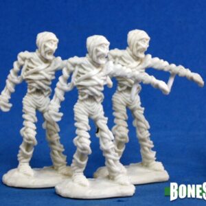 Three upright egyptian style mummies advancing with one arm outstretched. Unpainted plastic RPG tabletop gaming miniature.