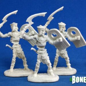 Three egyptian style undead mummy warriors holding khopesh swords and round topped shields. Unpainted plastic RPG tabletop gaming miniature.