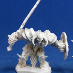 A heavily armoured male human anti-paladin holding a large raised sword in one hand, and a toothed shield in the other. Unpainted plastic RPG tabletop gaming miniature.