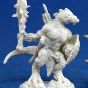 An anthropomorphic lizardman standing on his hind legs while holding a spiked club in one hand, and a tortoise shell shield in the other.. Unpainted plastic RPG tabletop gaming miniature.
