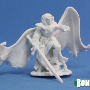 A male vampire with a billowing cloak and a drawn sword lowered towards the ground in front of him. Unpainted plastic RPG tabletop gaming miniature.