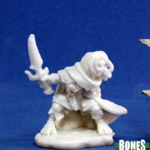 A male halfling thief wearing a swirling cloak and holding a dagger in one outstretched hand. Unpainted plastic RPG tabletop gaming miniature.