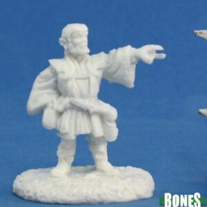 A standing male gnome wizard with one arm outstretched as if casting a spell. Unpainted plastic RPG tabletop gaming miniature.