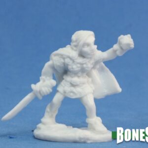 A female gnome rogue holding a lowered sword in one hand, and a gemstone in her outstretched other hand. Unpainted plastic RPG tabletop gaming miniature.