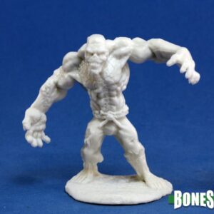 A muscled flesh golem advancing with outstretched arms. Unpainted plastic RPG tabletop gaming miniature.