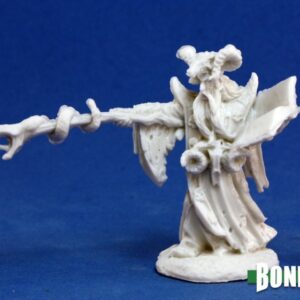 A male human wizard pointing with his snake headed staff while holding a open spellbook with his other hand. Unpainted plastic RPG tabletop gaming miniature.