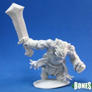 A fire giant warrior advancing. He is swinging a huge bladed broadsword with one hand. His other is clentched into a fist. Unpainted plastic RPG tabletop gaming miniature.