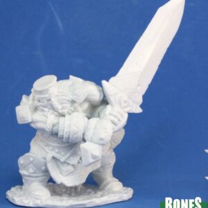 A male armoured fire giant advancing with a raised two handed broad sword. Unpainted plastic RPG tabletop gaming miniature.