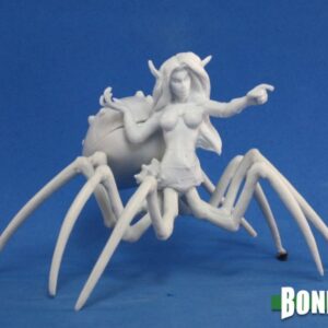 A spiders legs and abdomen with the head and torso of a young woman at its front. Unpainted plastic RPG tabletop gaming miniature.
