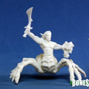 A spiders legs and abdomen with the head and torso of a young man. He holds a raised sword in one hand and a small shield in the other. Unpainted plastic RPG tabletop gaming miniature.