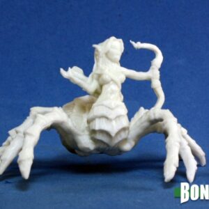A spiders legs and abdomen with the head and torso of a young woman. She holds a bow in one hand and has a quiver of arrows on her back. Unpainted plastic RPG tabletop gaming miniature.