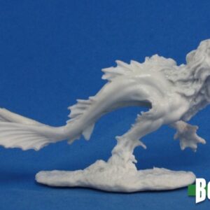 An aquatic fantasy sea lion with clawed fore limbs and a split finned tail. Unpainted plastic RPG tabletop gaming miniature.