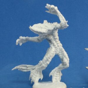 A humanoid aquatic creature with webbed hands and feet. It also has a long tail ending in a flat fin. Unpainted plastic RPG tabletop gaming miniature.