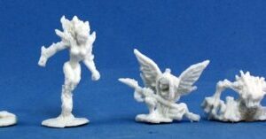 A collection of six different small familiar fantasy creatures. Unpainted plastic RPG tabletop gaming miniatures.