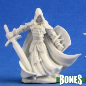 A hooded male human paladin wearing a breastplate with flowing robes and cloak. In one hand he has holds a downward pointing sword, and in the other a shield. Unpainted plastic RPG tabletop gaming miniature.