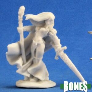 A young female elf with her hair and cloak blowing in the wind. In one hand she holds a staff, and in the other a downward pointing sword. Unpainted plastic RPG tabletop gaming miniature.