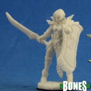 A female human anti-paladin warrior. She holds a sword at waist height with one hand. The other is holding a long metal shield close to the side of her body. Unpainted plastic RPG tabletop RPG miniature.