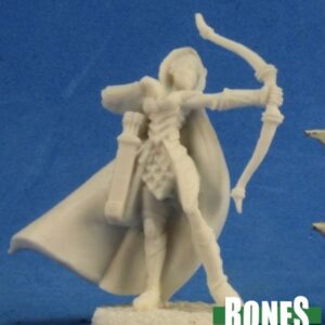 A female elf ranger wearing a hood and cloak. She holds a longbow in one hand as if just having fired an arrow. A quiver hands at her waist. Unpainted plastic RPG tabletop gaming miniature.