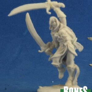 An unarmoured female human jumping forward. Above her head she holds a large sword. In her other hand she holds a second upright blade. Unpainted plastic RPG tabletop gaming miniature.