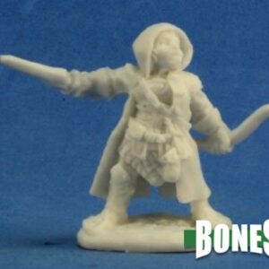 A male halfling ranger wearing a hooded cloak. In one hand he holds a bow by his side. His other hand holds a short sword in a pointing gesture. Unpainted plastic RPG tabletop gaming miniature.