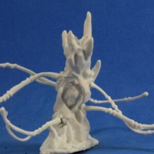 A stalagmite like rocky creature with many whip like tentacles protruding from it's body. Unpainted plastic RPG tabletop gaming miniature.