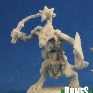A female gnoll attacking with a shield at waist height in one hand. In her other hand she holds a spiked ball flail, swinging it above her head. Unpainted plastic RPG tabletop gaming miniature.